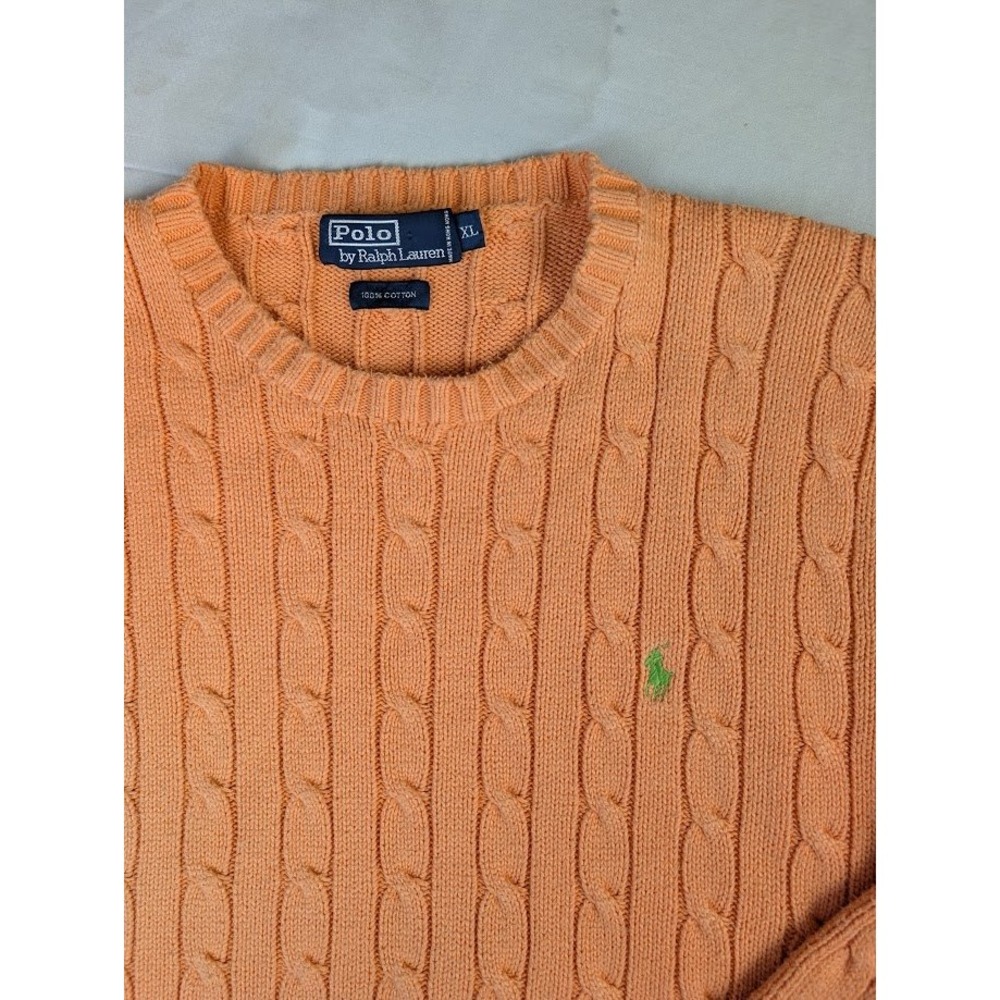 Vintage Polo Ralph Lauren Cable Knit Cotton Sweater Men's XL Salmon Green Pony